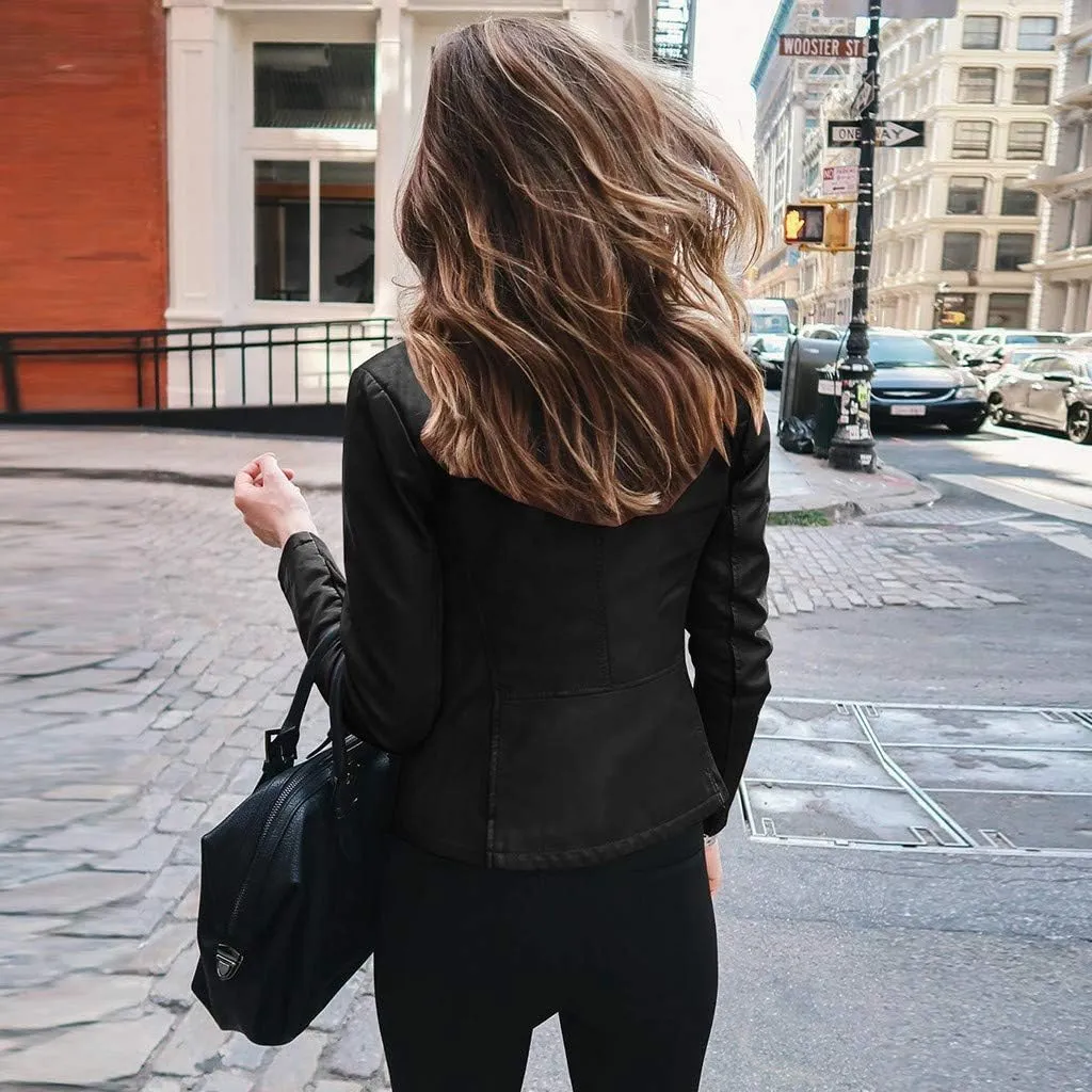2024 Fall Women's Faux Leather Biker Motorcycle Jackets Plus Size Long Sleeve Zipper Slim Fit Short Casual Coat Outwear
