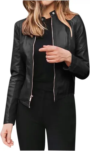 2024 Fall Women's Faux Leather Biker Motorcycle Jackets Plus Size Long Sleeve Zipper Slim Fit Short Casual Coat Outwear
