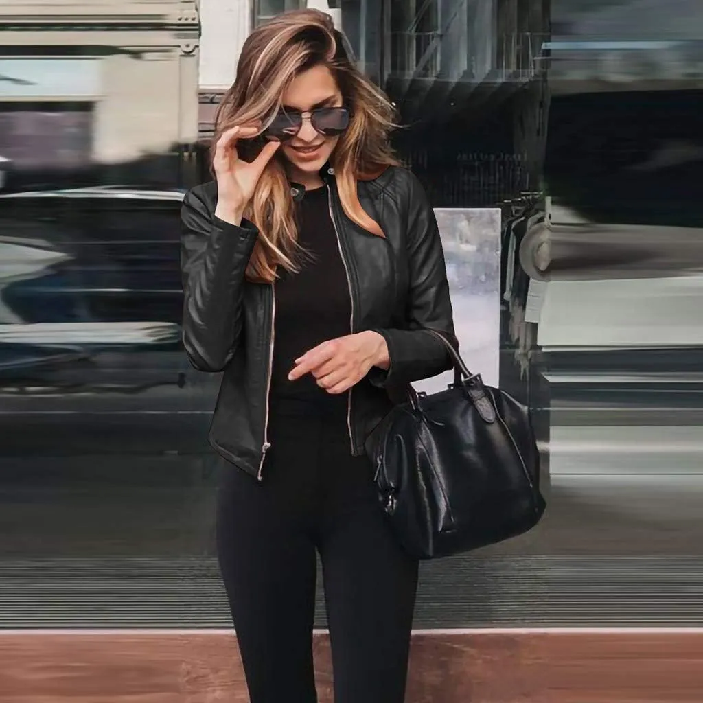 2024 Fall Women's Faux Leather Biker Motorcycle Jackets Plus Size Long Sleeve Zipper Slim Fit Short Casual Coat Outwear