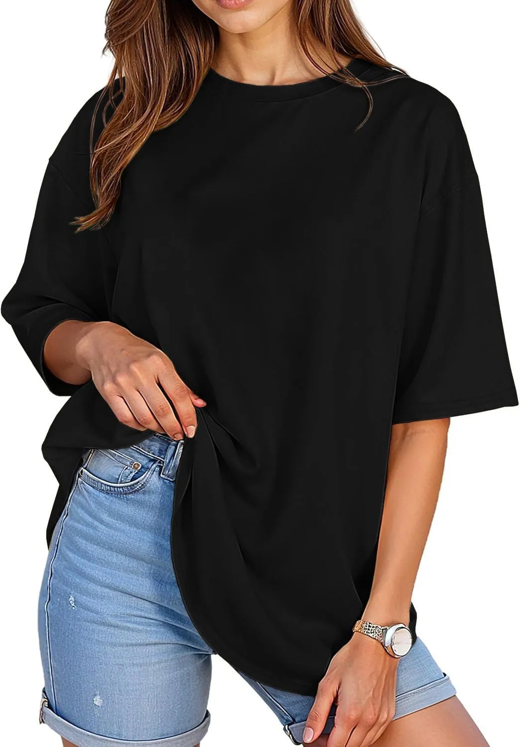ADOREJOY Oversized Tshirts for Women Crewneck Summer Short Sleeve Loose Graphic Basic Tees