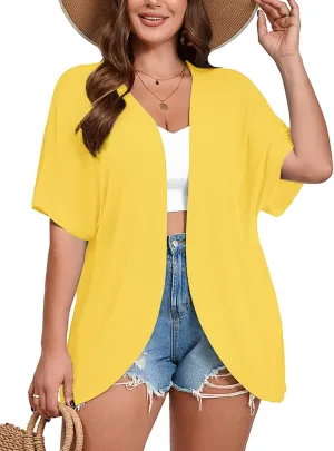 AusLook Women's Plus Size Short Sleeve Lightweight Open Front Cardigan Bright Yellow 2X Cover Ups Shrugs Shawls and Wraps Kimono Jacket Coat