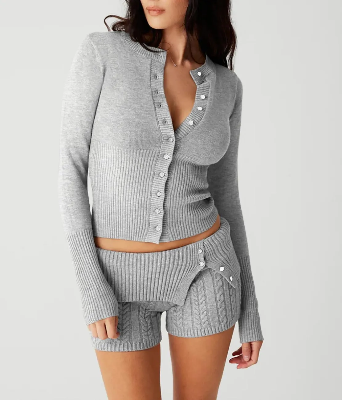 BAIGRAM Women Open Front Button Cropped Cardigan Fall Lightweight Soft Knit Sweaters Long Sleeve Fitted Casual Tops