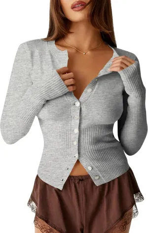 BAIGRAM Women Open Front Button Cropped Cardigan Fall Lightweight Soft Knit Sweaters Long Sleeve Fitted Casual Tops