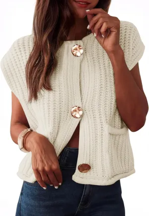 Baonmy Women's Sleeveless Cropped Chunky Knit Cardigan 2025 Casual Button Down Crochet Sweater Vest Tops with Pockets