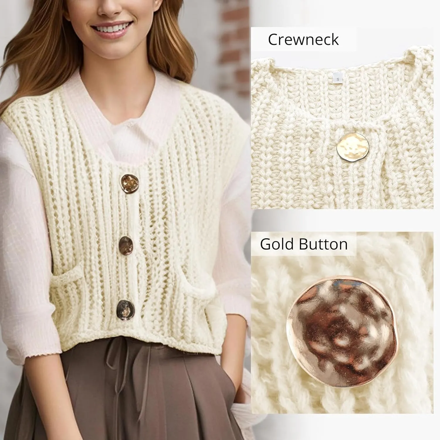 Baonmy Women's Sleeveless Cropped Chunky Knit Cardigan 2025 Casual Button Down Crochet Sweater Vest Tops with Pockets