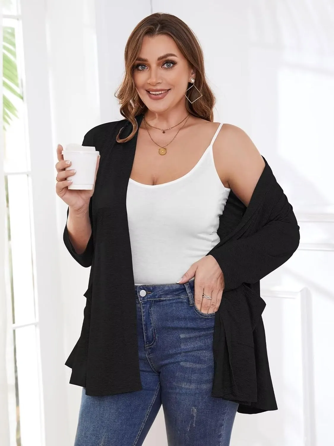 BELAROI Women Cardigan Casual Lightweight Plus Size Cardigan 3/4 Sleeve Open Front Soft Light Cardigan Drape Duster