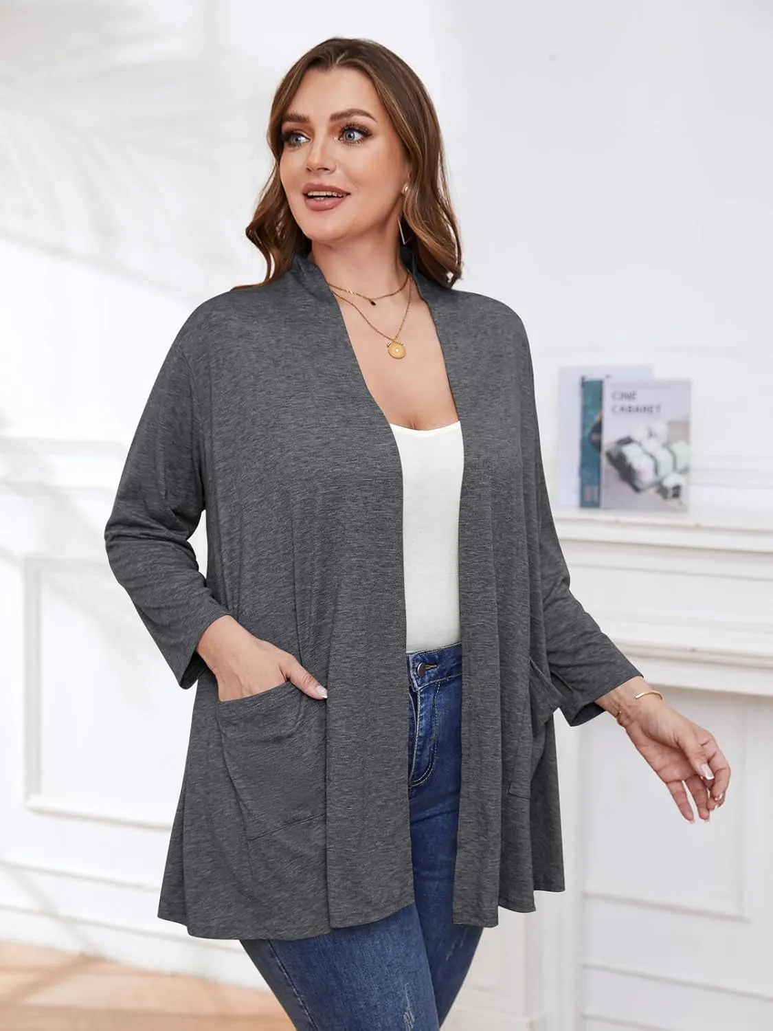 BELAROI Women Cardigan Casual Lightweight Plus Size Cardigan 3/4 Sleeve Open Front Soft Light Cardigan Drape Duster