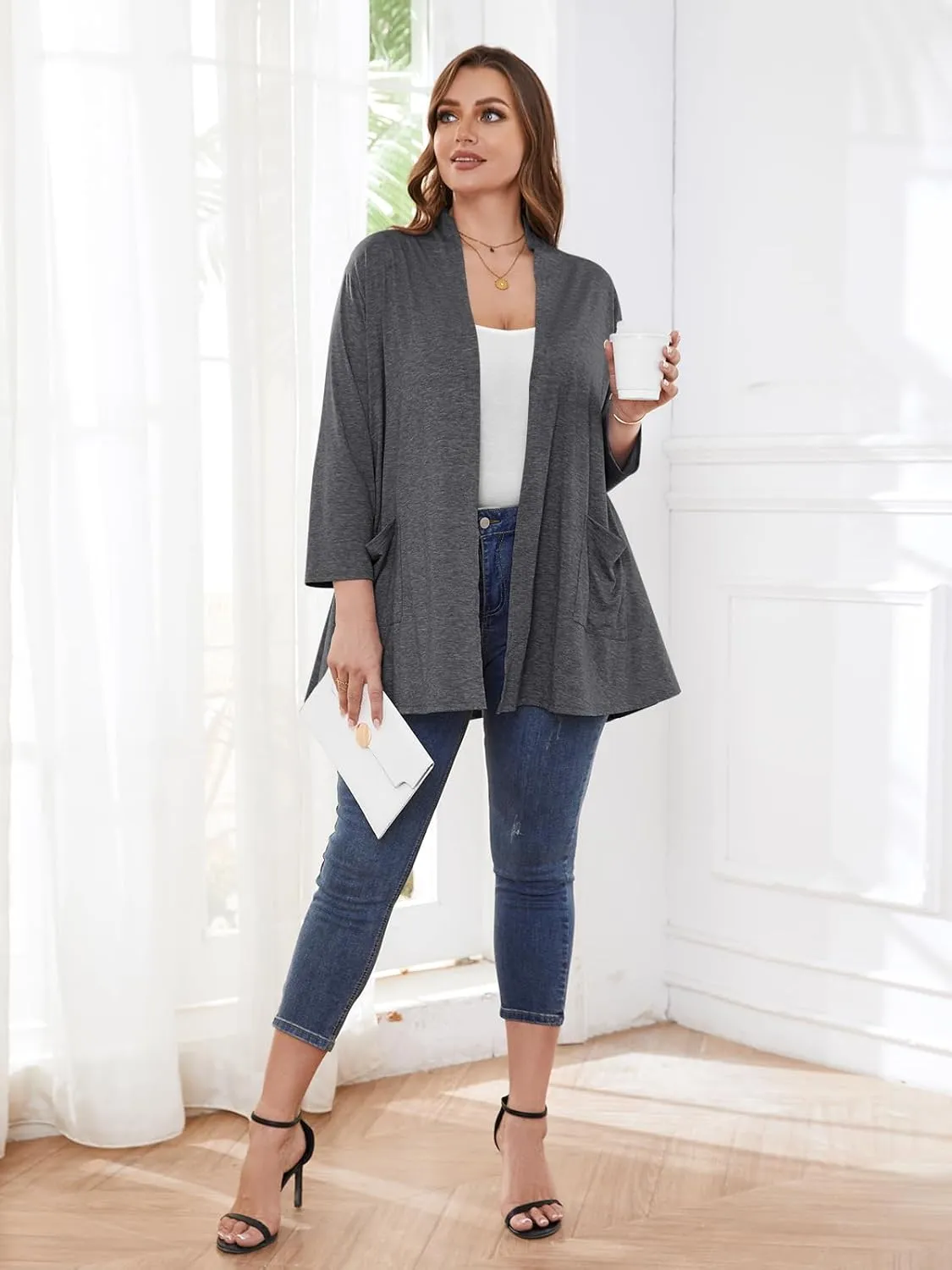 BELAROI Women Cardigan Casual Lightweight Plus Size Cardigan 3/4 Sleeve Open Front Soft Light Cardigan Drape Duster