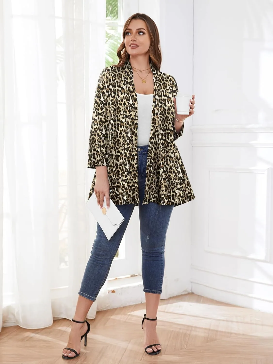 BELAROI Women Cardigan Casual Lightweight Plus Size Cardigan 3/4 Sleeve Open Front Soft Light Cardigan Drape Duster