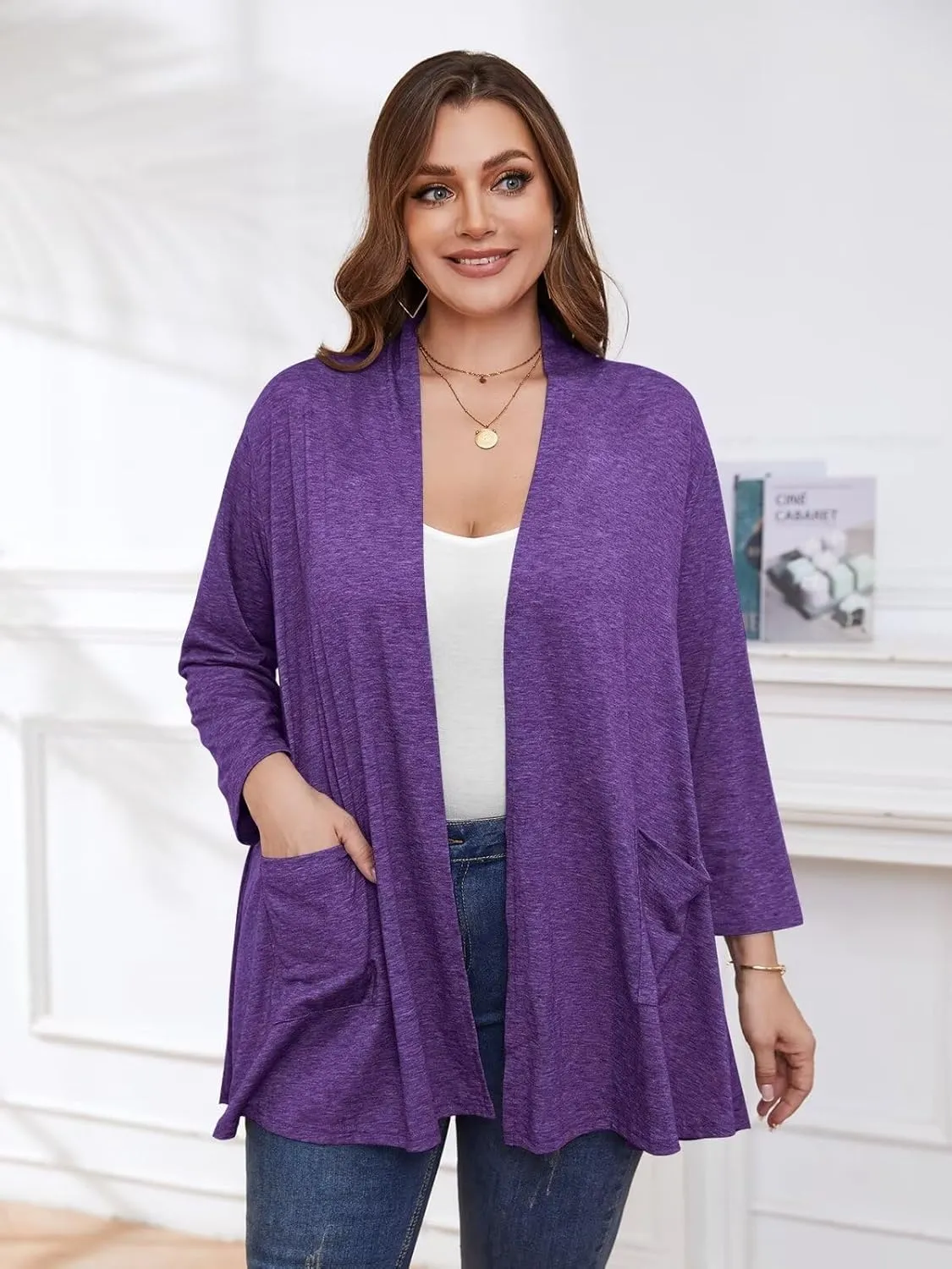 BELAROI Women Cardigan Casual Lightweight Plus Size Cardigan 3/4 Sleeve Open Front Soft Light Cardigan Drape Duster