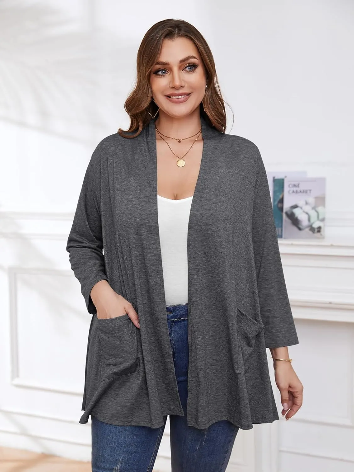 BELAROI Women Cardigan Casual Lightweight Plus Size Cardigan 3/4 Sleeve Open Front Soft Light Cardigan Drape Duster