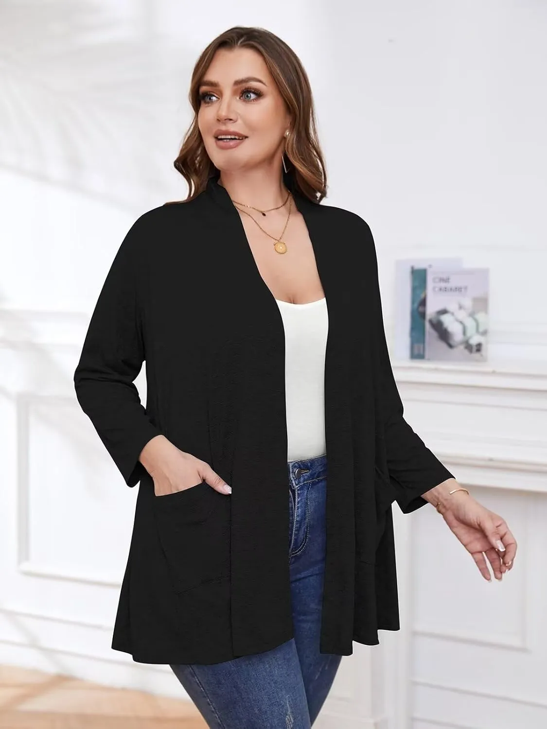 BELAROI Women Cardigan Casual Lightweight Plus Size Cardigan 3/4 Sleeve Open Front Soft Light Cardigan Drape Duster