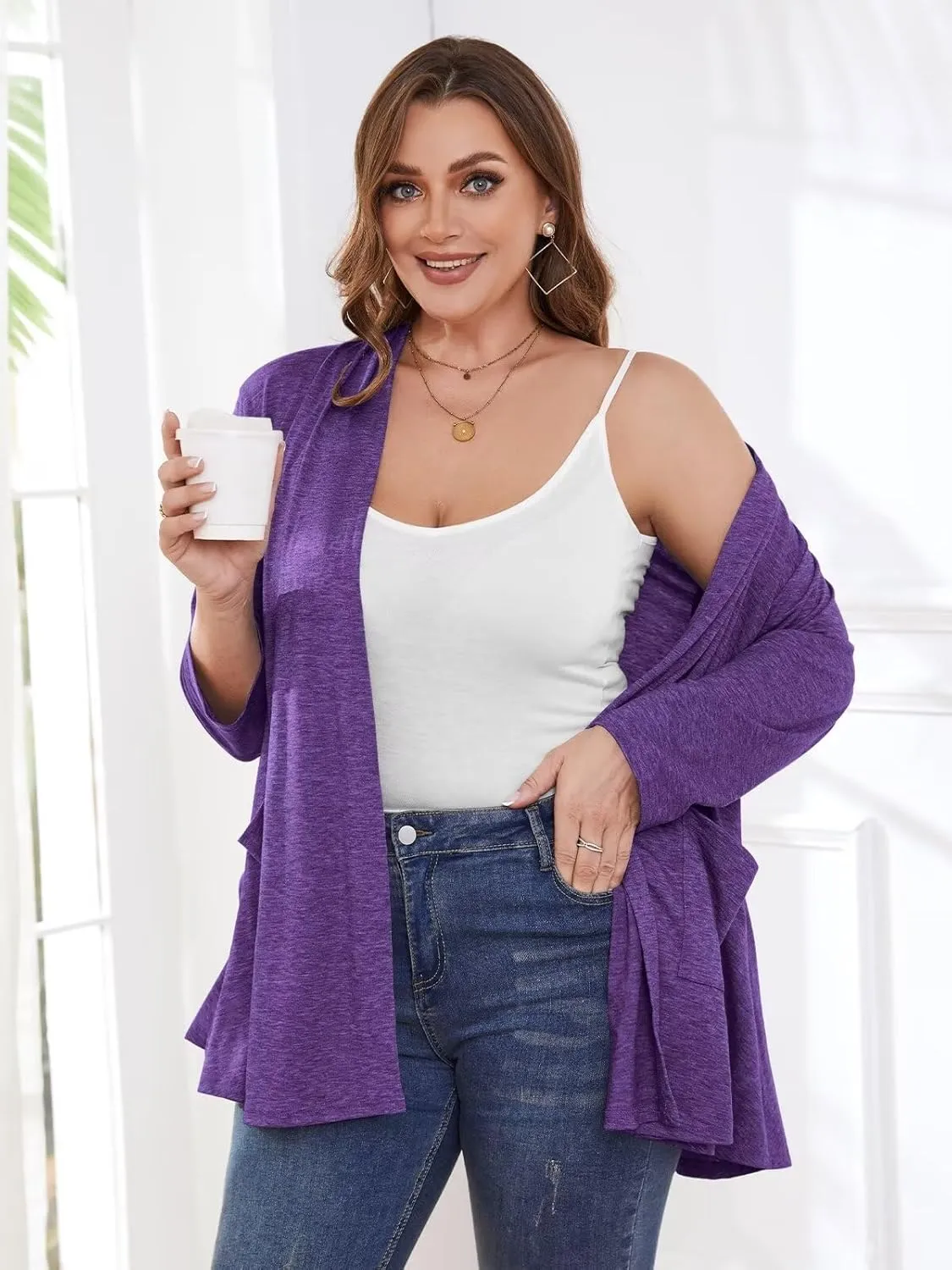 BELAROI Women Cardigan Casual Lightweight Plus Size Cardigan 3/4 Sleeve Open Front Soft Light Cardigan Drape Duster