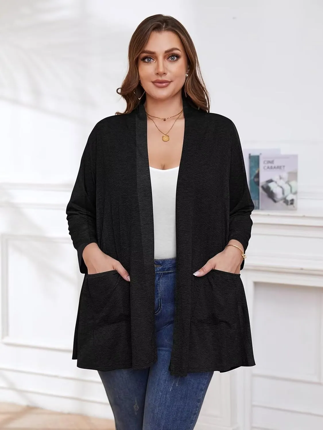 BELAROI Women Cardigan Casual Lightweight Plus Size Cardigan 3/4 Sleeve Open Front Soft Light Cardigan Drape Duster
