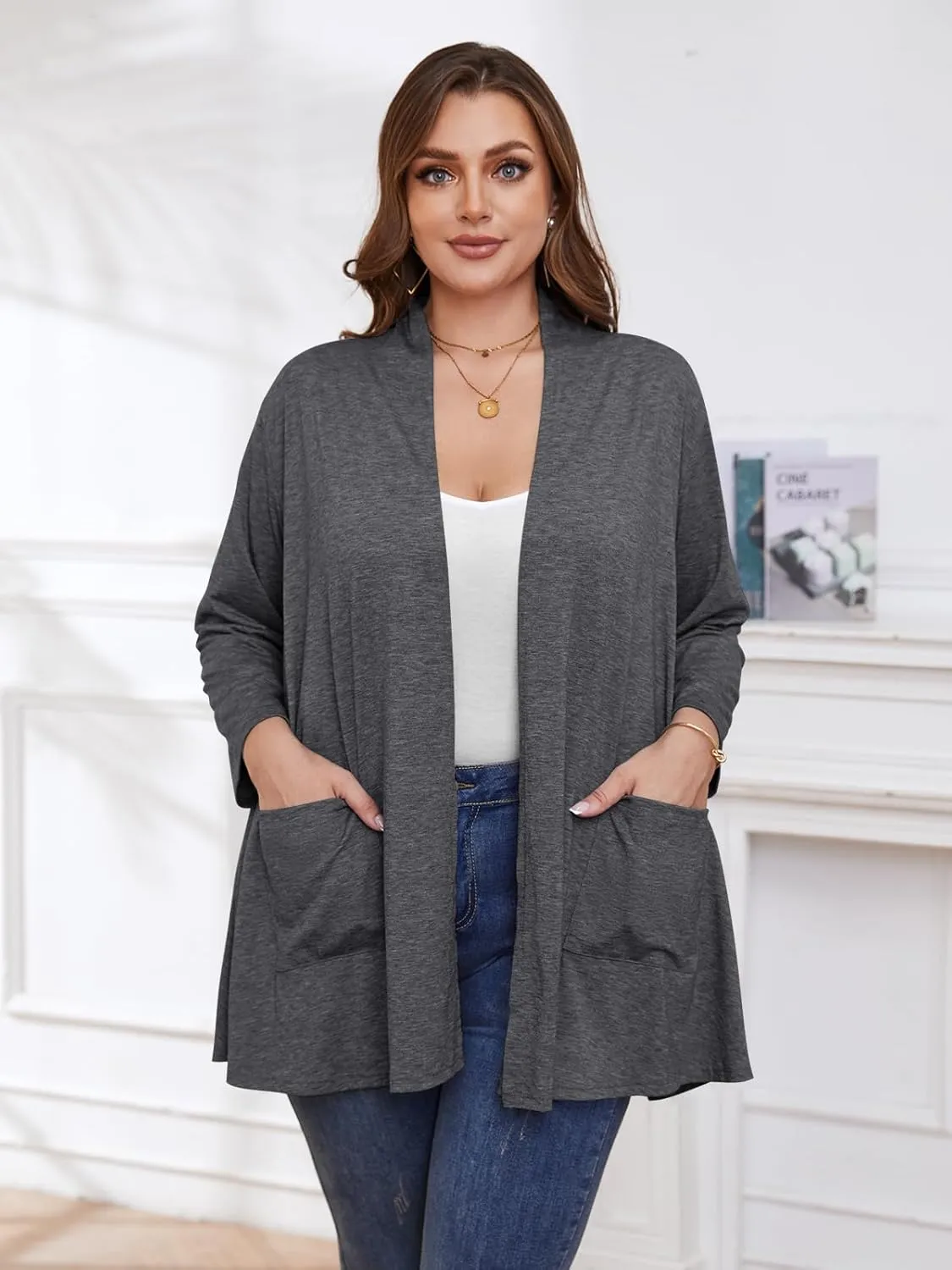BELAROI Women Cardigan Casual Lightweight Plus Size Cardigan 3/4 Sleeve Open Front Soft Light Cardigan Drape Duster