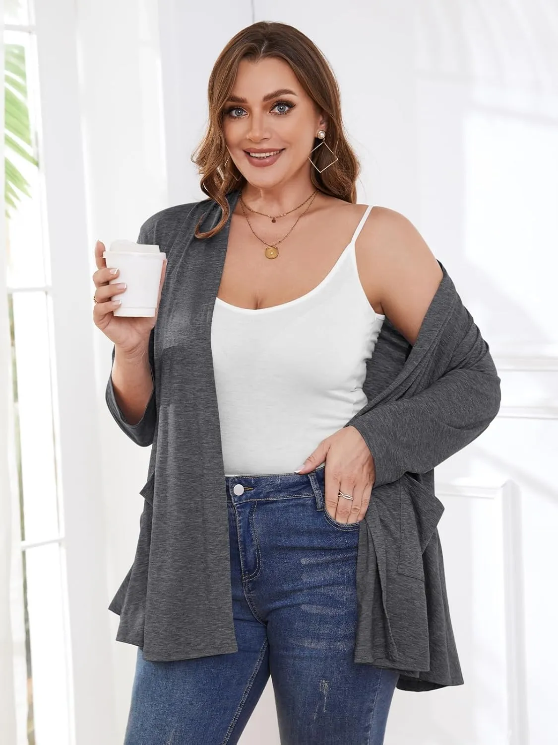 BELAROI Women Cardigan Casual Lightweight Plus Size Cardigan 3/4 Sleeve Open Front Soft Light Cardigan Drape Duster