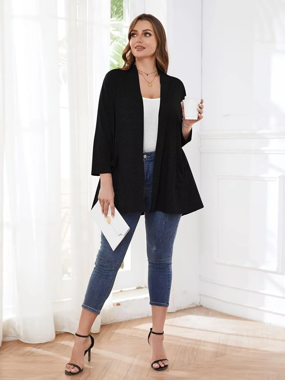 BELAROI Women Cardigan Casual Lightweight Plus Size Cardigan 3/4 Sleeve Open Front Soft Light Cardigan Drape Duster