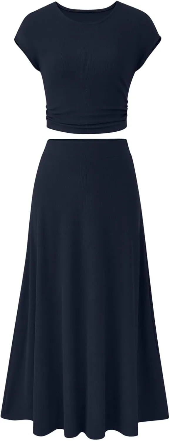 Binmer 2 Piece Outfit Set for Womens 2024 Summer Casual Ribbed Knit Short Sleeve Crop Top High Waist Midi Skirt Set Loungwear