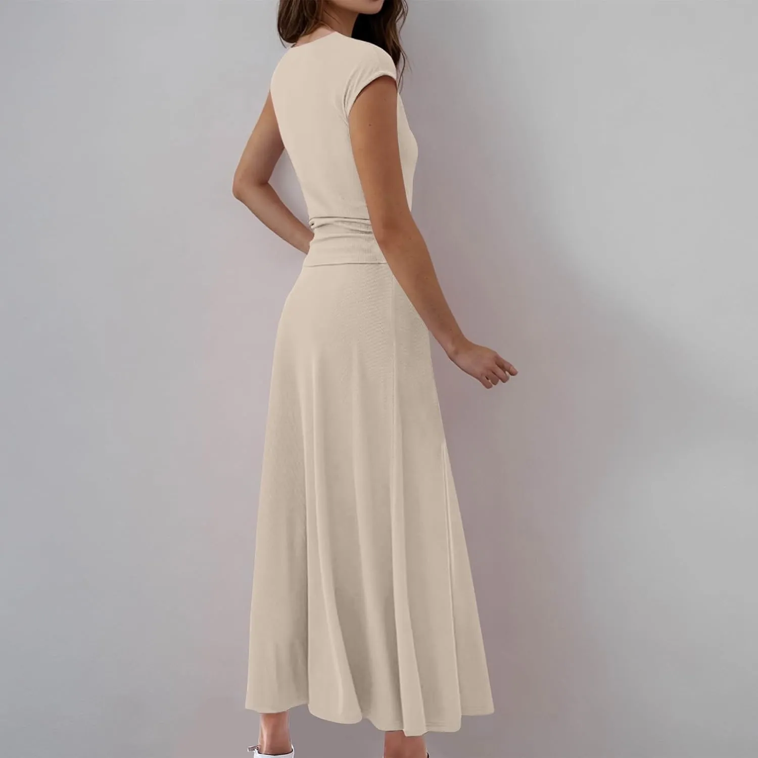 Binmer 2 Piece Outfit Set for Womens 2024 Summer Casual Ribbed Knit Short Sleeve Crop Top High Waist Midi Skirt Set Loungwear