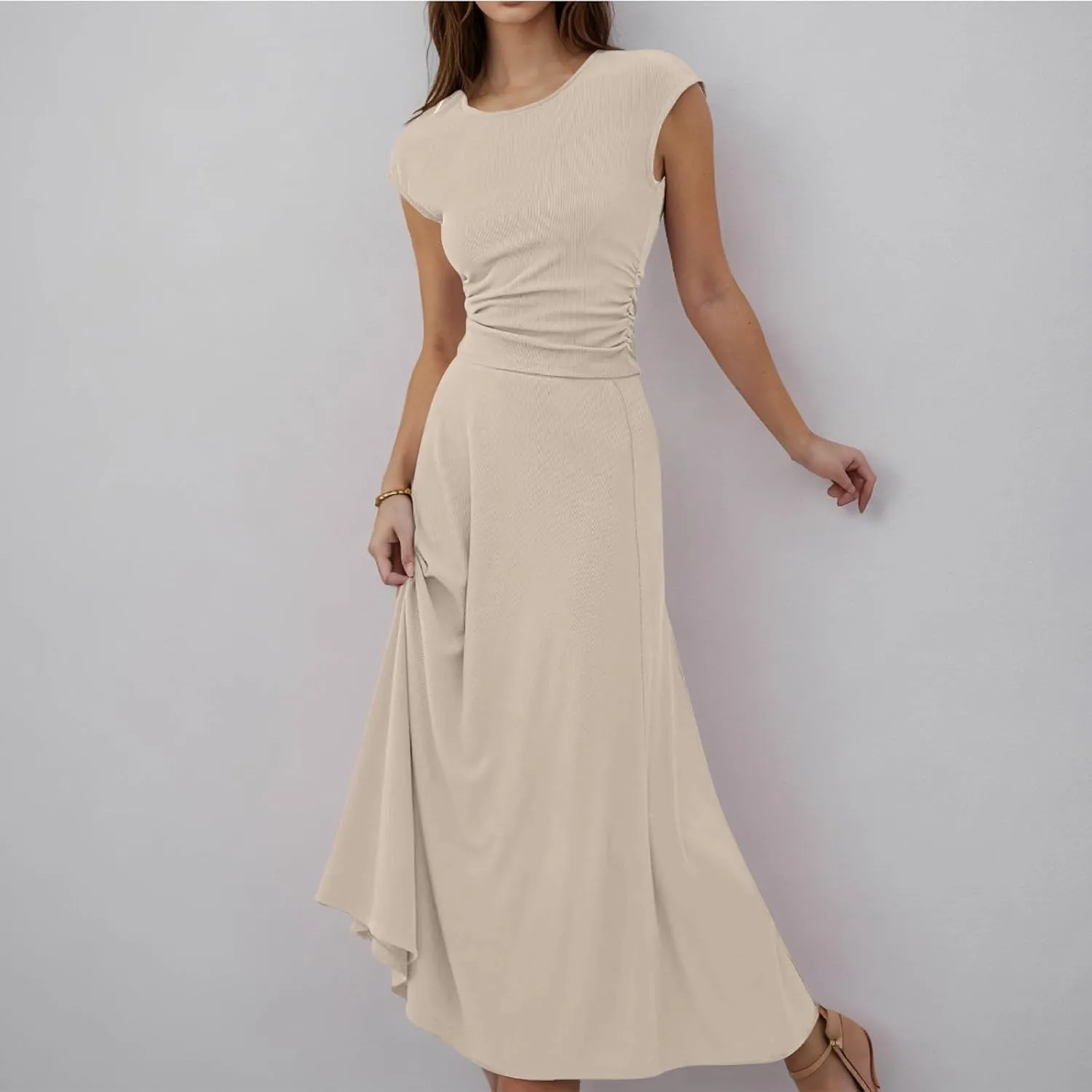 Binmer 2 Piece Outfit Set for Womens 2024 Summer Casual Ribbed Knit Short Sleeve Crop Top High Waist Midi Skirt Set Loungwear
