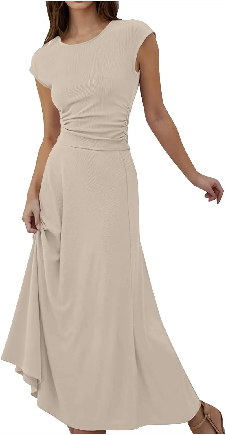 Binmer 2 Piece Outfit Set for Womens 2024 Summer Casual Ribbed Knit Short Sleeve Crop Top High Waist Midi Skirt Set Loungwear
