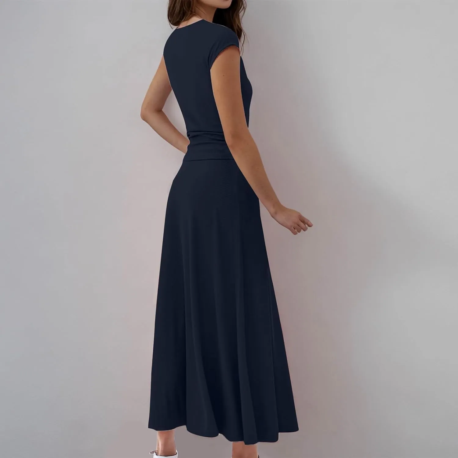 Binmer 2 Piece Outfit Set for Womens 2024 Summer Casual Ribbed Knit Short Sleeve Crop Top High Waist Midi Skirt Set Loungwear
