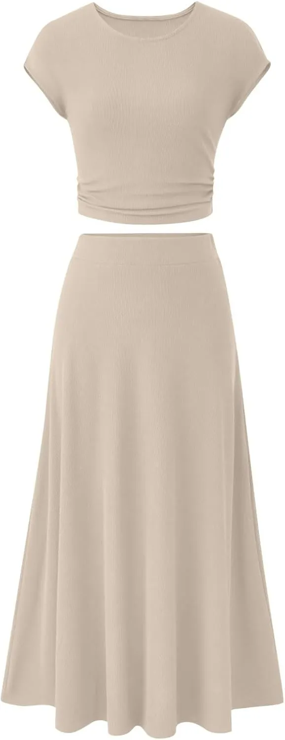 Binmer 2 Piece Outfit Set for Womens 2024 Summer Casual Ribbed Knit Short Sleeve Crop Top High Waist Midi Skirt Set Loungwear