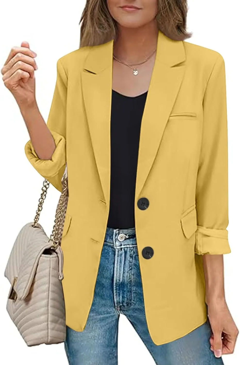 Binmer Women's Open Front Blazer Bussiness Casual Long Sleeve Lapel Work Office Jackets with Shoulder Pads Fall Fashion 2024