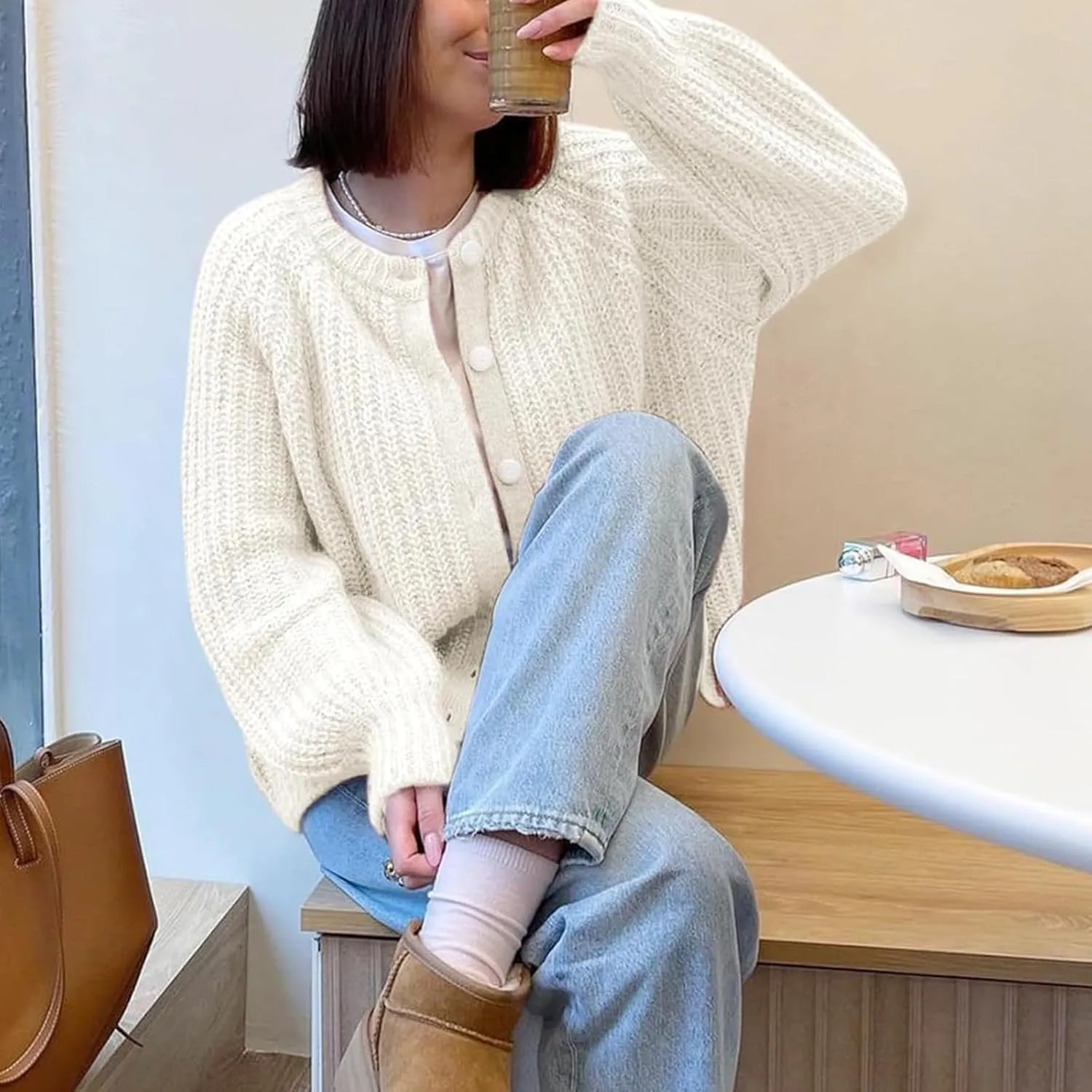 Bocymolay Womens Cardigan Sweaters Casual Button Down Crewneck Knitted Jacket Loose Fall Chunky Outwear