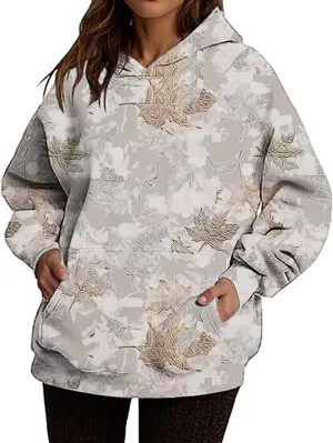 Camo Hoodie Womens Maple Leaf Print Oversized Sweatshirts Casual Pullover Shirts Long Sleeve Tops with Pockets