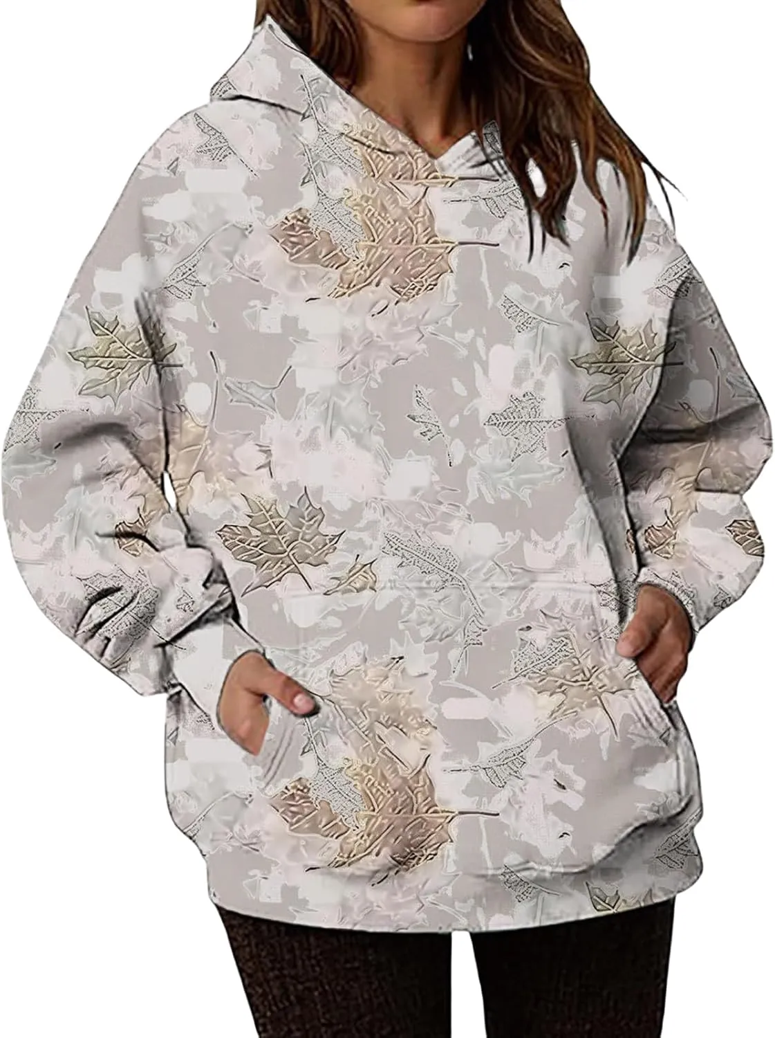 Camo Hoodie Womens Maple Leaf Print Oversized Sweatshirts Casual Pullover Shirts Long Sleeve Tops with Pockets