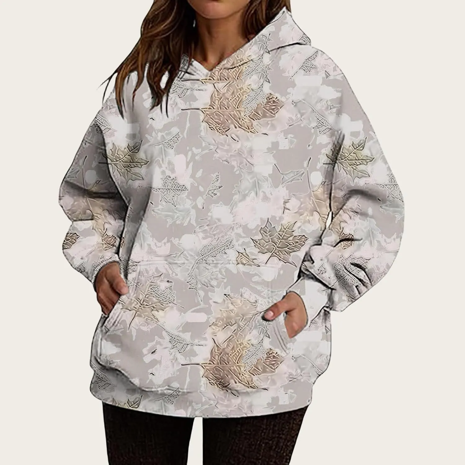 Camo Hoodie Womens Maple Leaf Print Oversized Sweatshirts Casual Pullover Shirts Long Sleeve Tops with Pockets