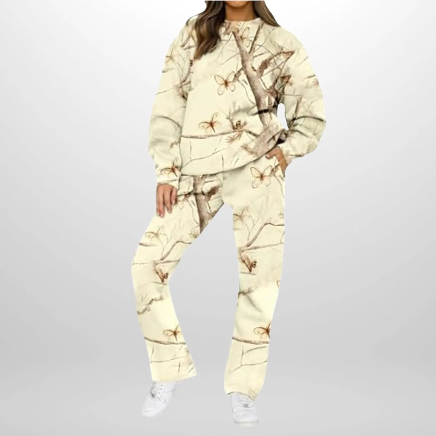 Camo Sweatsuits for Women - 2 Piece Set with Oversized Maple Leaf Print Hooded Sweatshirt & Baggy Camo Sweatpants