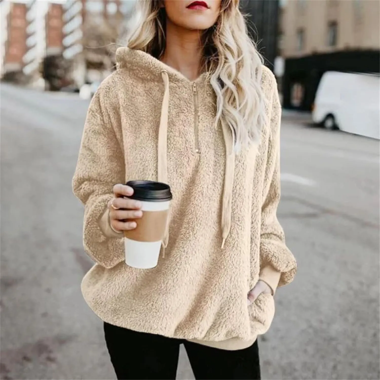Canbebig Sherpa Hoodies for Women Oversized Fuzzy Fleece Pullover Sweatshirt Winter Warm Athletic Coat Outerwear with Pockets