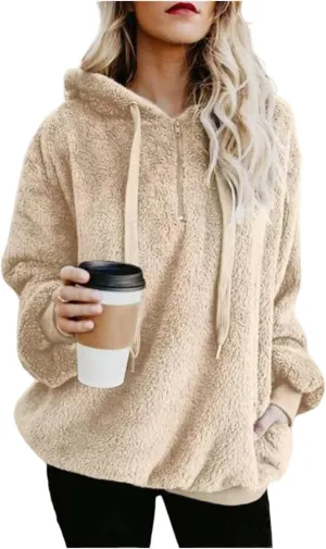 Canbebig Sherpa Hoodies for Women Oversized Fuzzy Fleece Pullover Sweatshirt Winter Warm Athletic Coat Outerwear with Pockets