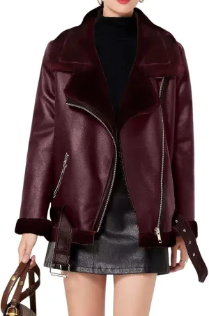 CHARTOU Women Faux Leather Jacket Fur Lined Winter Coat Warm Zip Up Notched Collar Moto Bomber Jacket