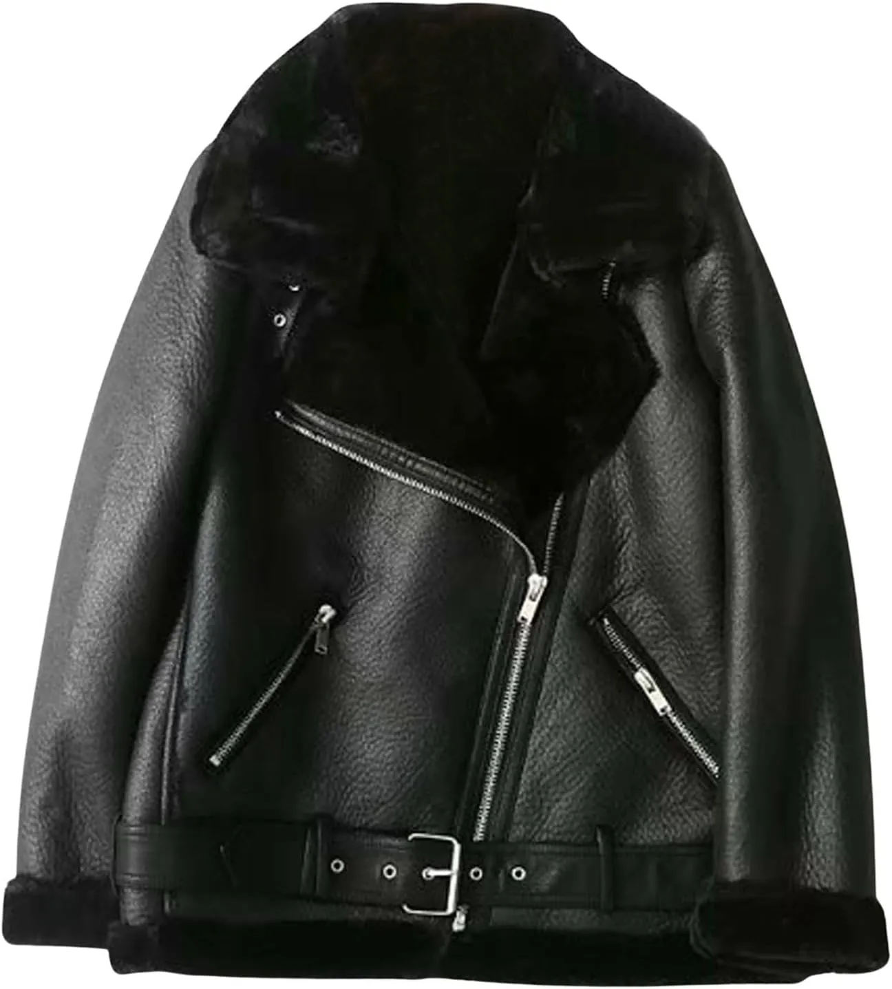 CHARTOU Women Faux Leather Jacket Fur Lined Winter Coat Warm Zip Up Notched Collar Moto Bomber Jacket