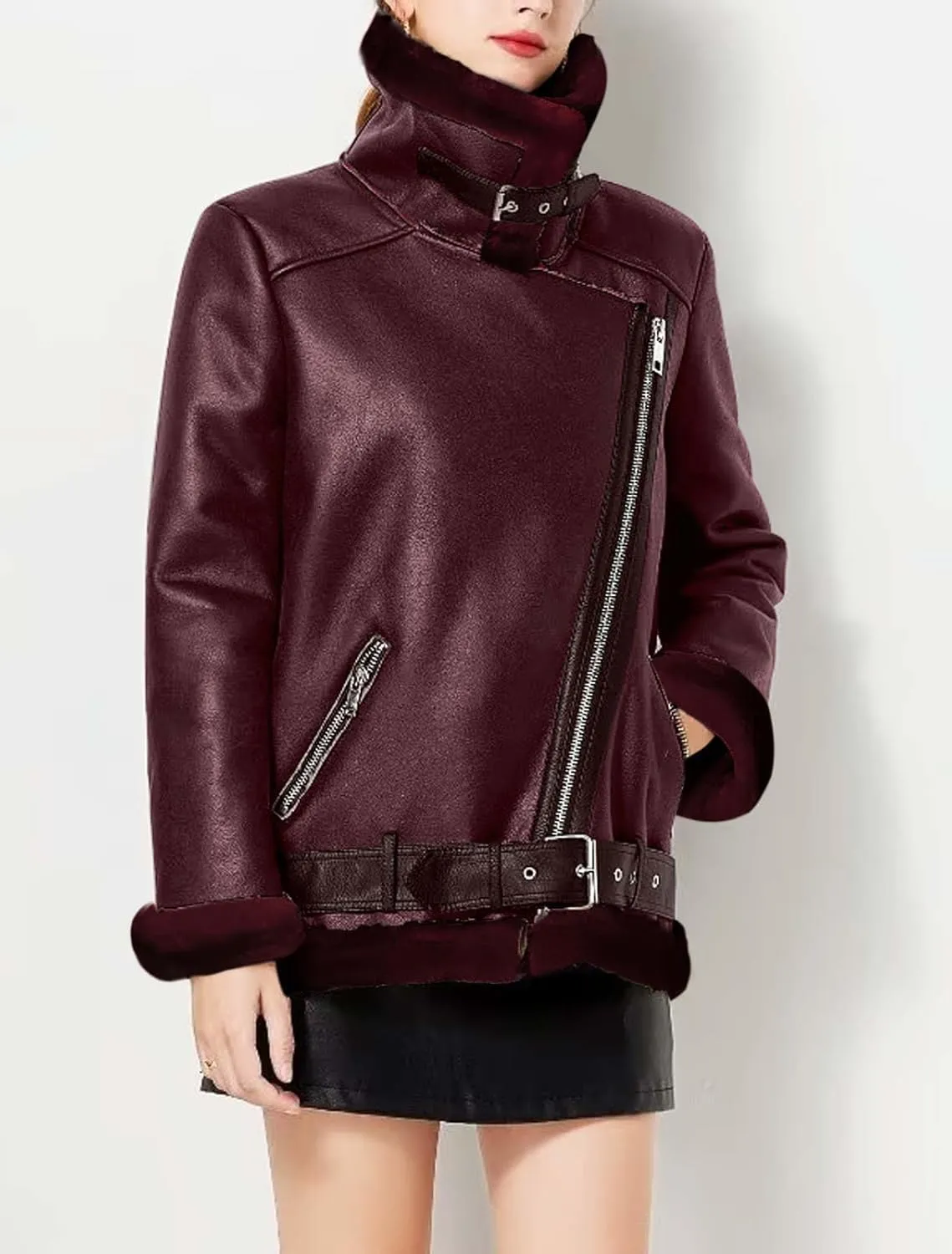 CHARTOU Women Faux Leather Jacket Fur Lined Winter Coat Warm Zip Up Notched Collar Moto Bomber Jacket