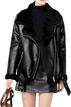 CHARTOU Women Faux Leather Jacket Fur Lined Winter Coat Warm Zip Up Notched Collar Moto Bomber Jacket