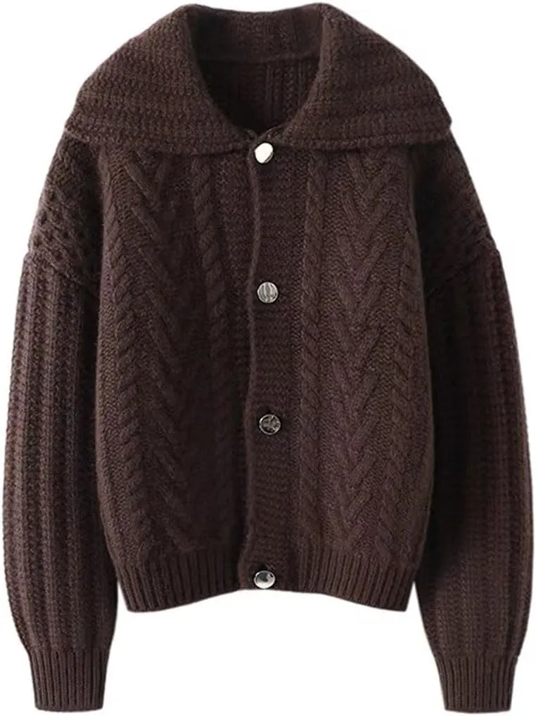 CHARTOU Women Winter Thick Cardigan Lapel Collar Button Down Chunky Knit Coatigan Sweater Jacket