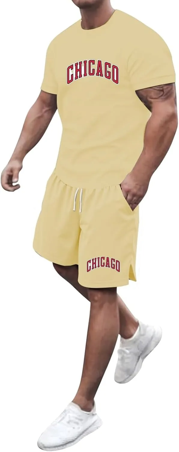 Chicago Men'S 2 Piece Outfits Crew-Neck Short Sleeve Tee & Split Shorts Set Drawstring Elastic Waist Loose Sweatsuits