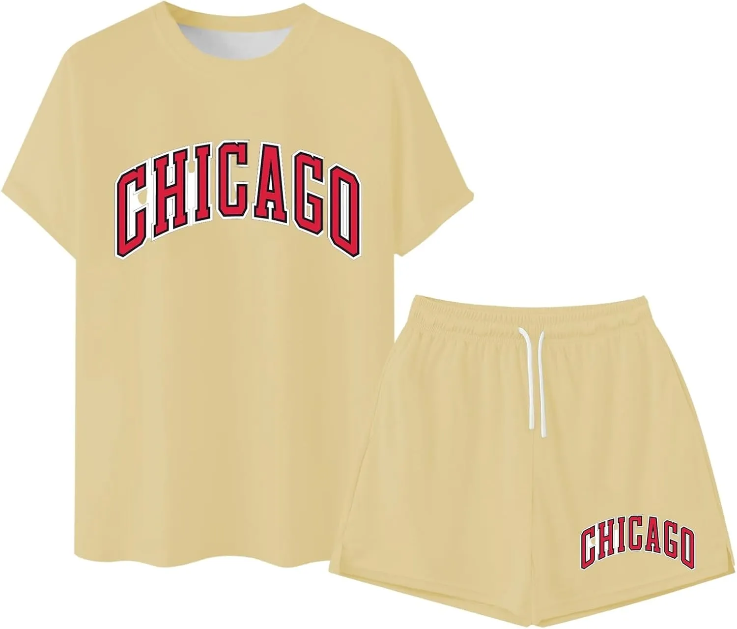 Chicago Men'S 2 Piece Outfits Crew-Neck Short Sleeve Tee & Split Shorts Set Drawstring Elastic Waist Loose Sweatsuits