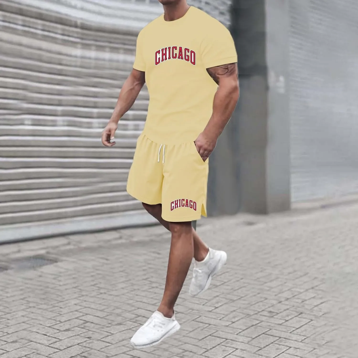Chicago Men'S 2 Piece Outfits Crew-Neck Short Sleeve Tee & Split Shorts Set Drawstring Elastic Waist Loose Sweatsuits
