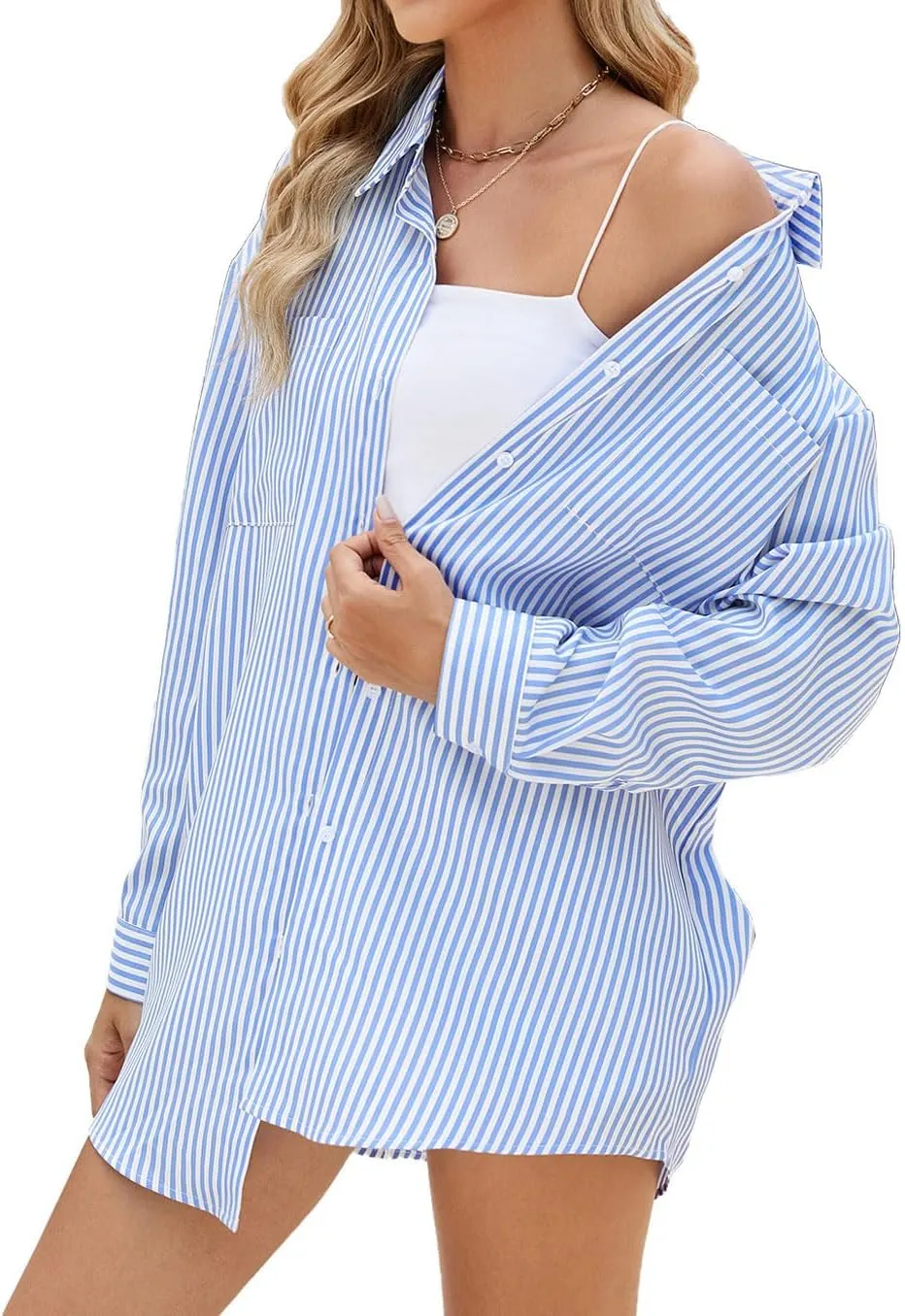 chouyatou Women's Fall Oversized Striped Button Down Shirt Lightweight Boyfriend Shirt Business Casual Top