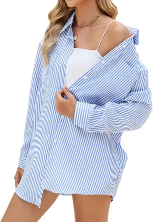 chouyatou Women's Fall Oversized Striped Button Down Shirt Lightweight Boyfriend Shirt Business Casual Top