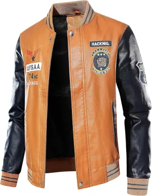chuida Men's Faux Leather Bomber Jacket Leather Jacket Stand Collar Lightweight leather jacket Motorcycle PU Jacket