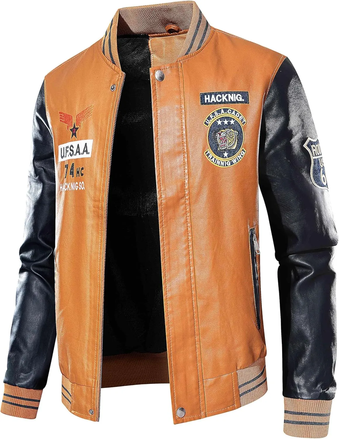 chuida Men's Faux Leather Bomber Jacket Leather Jacket Stand Collar Lightweight leather jacket Motorcycle PU Jacket