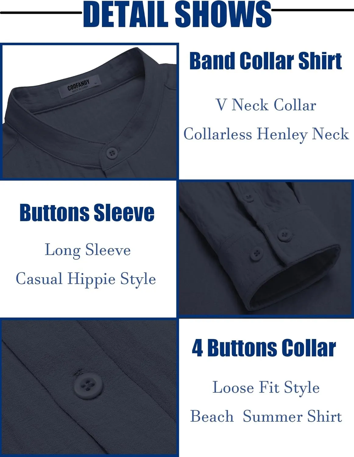COOFANDY Men's Casual Henley Shirt Band Collar Long Sleeve Shirt Beach Hippie Summer Button T Shirt