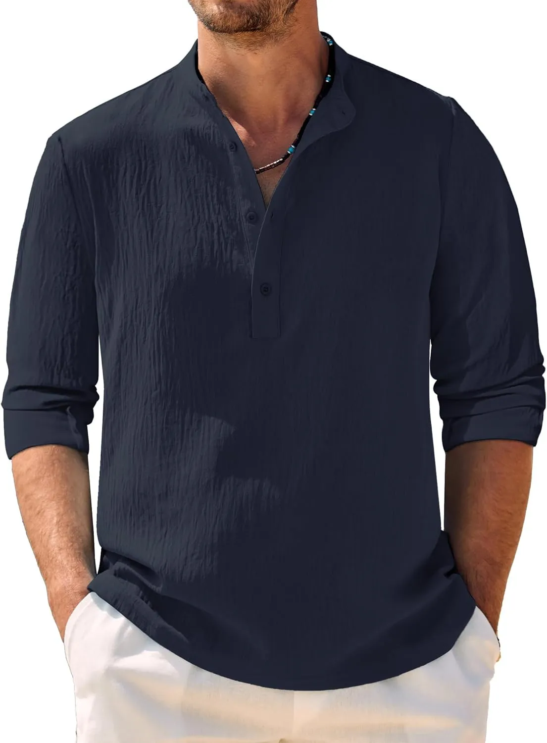 COOFANDY Men's Casual Henley Shirt Band Collar Long Sleeve Shirt Beach Hippie Summer Button T Shirt