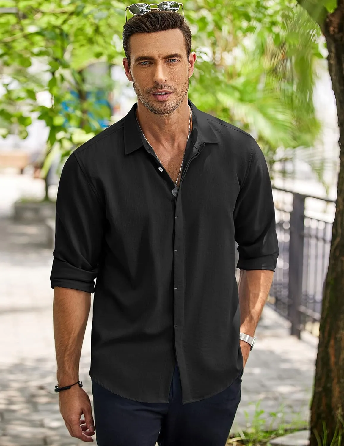 COOFANDY Men's Casual Shirt Long Sleeve Casual Button Down Shirt for Men Summer Beach Wedding Shirt